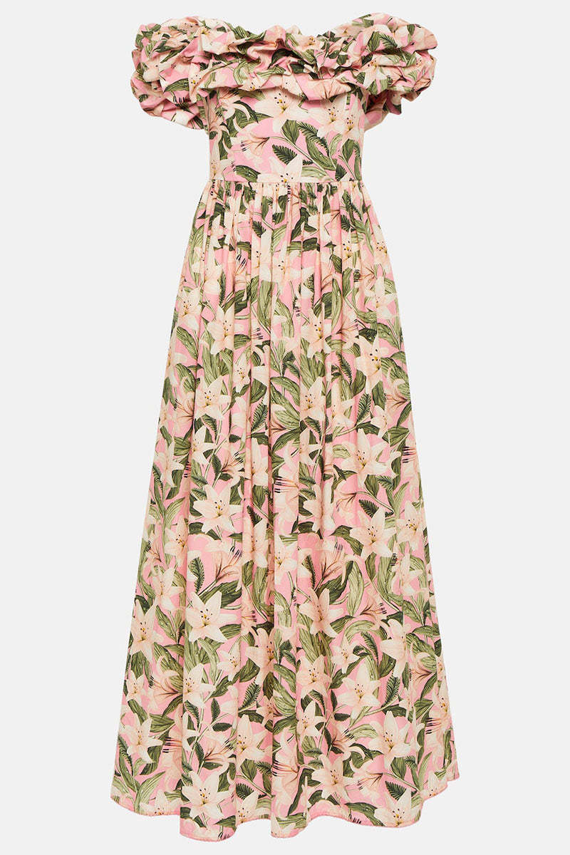 Off Shoulder Ruffle Floral Print Vacation Maxi Dresses-Pink Pre Order