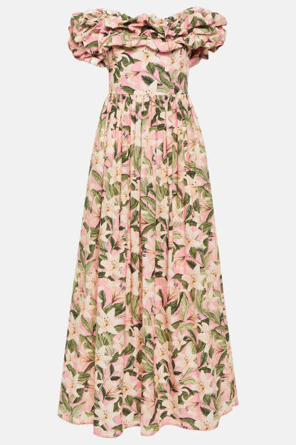 Off Shoulder Ruffle Floral Print Vacation Maxi Dresses-Pink Pre Order