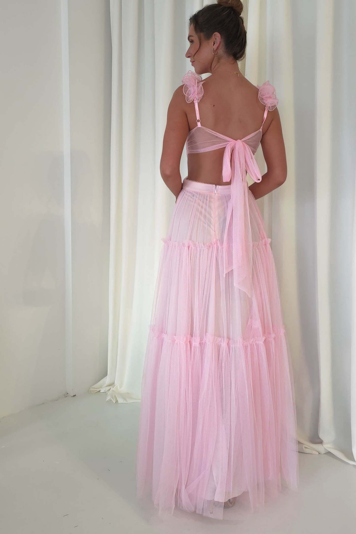 Petal Straps Deep V Neck Backless Tulle Gowns Maxi Dresses-Orange Pre Order