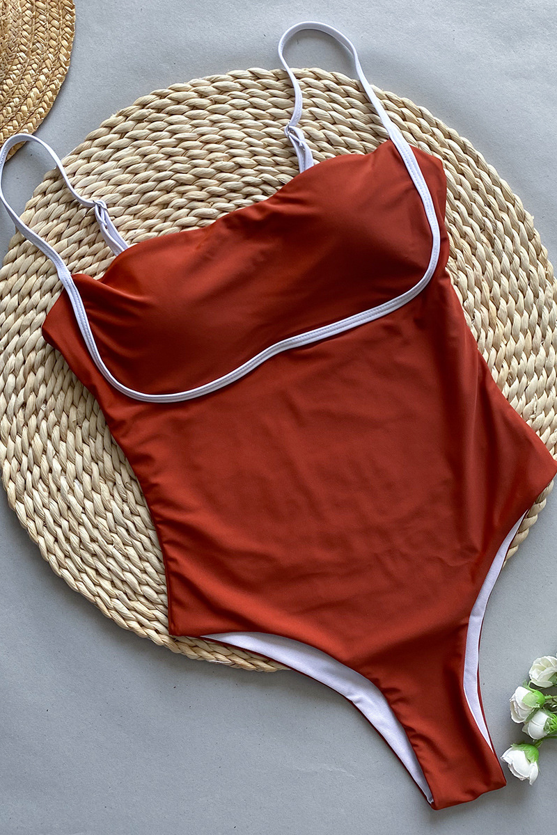 Boat Neck Contrast Binding Spaghetti Strap One-Piece Swimsuit-Brown