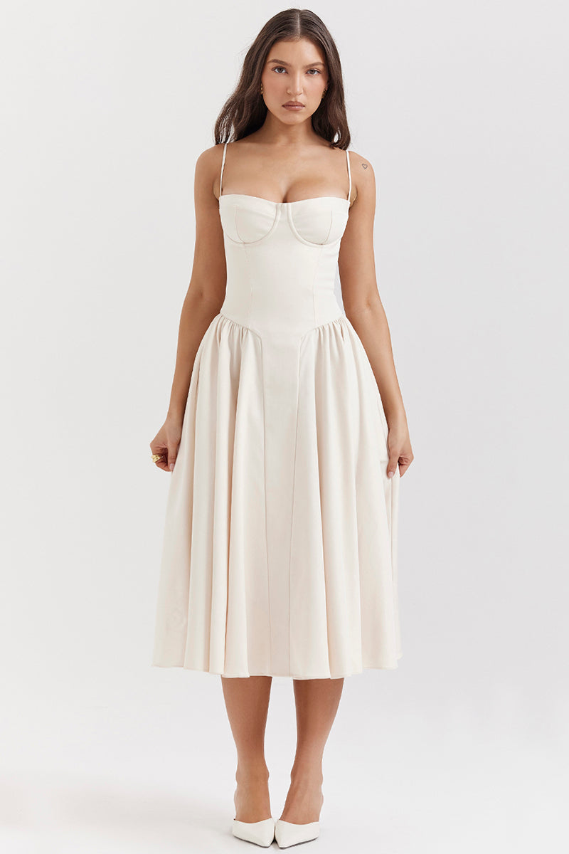 Elegant Cinch Waist Pleated Formal Party Slip Midi Dresses-Beige
