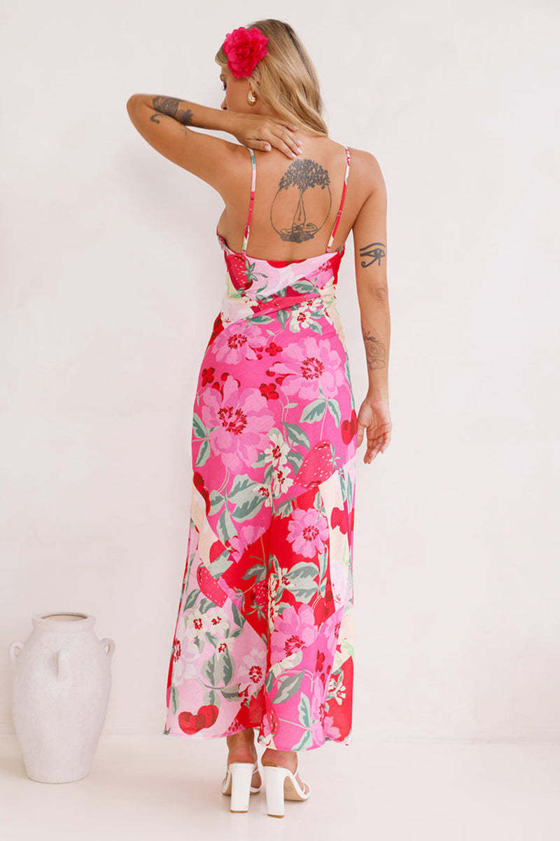 Floral Print V Neck Vacation Cami Maxi Dresses-Pink
