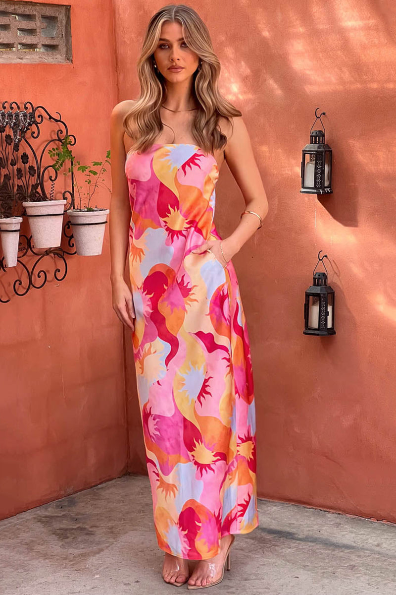 Sun Print Strapless Pocket Bodycon Vacation Maxi Dresses-Pink