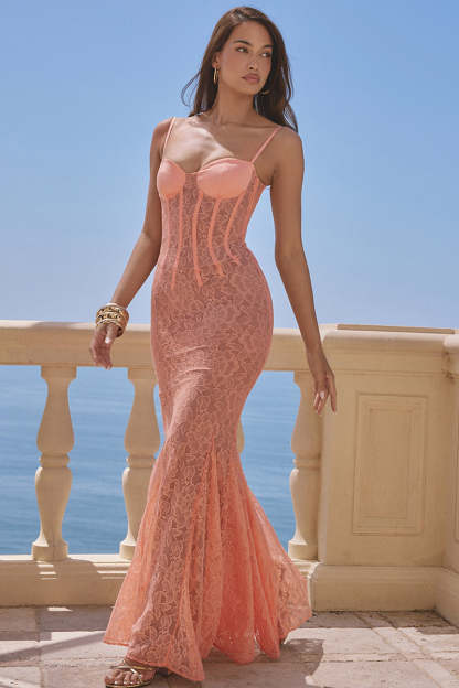 Floral Guipure Lace Corset Party Fishtail Maxi Slip Dresses-Coral