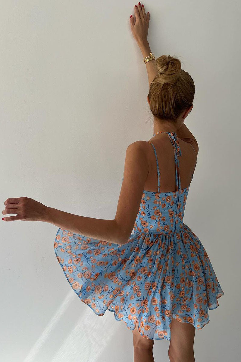 Sweetheart Neck Floral Print A-Line Mini Dresses-Blue Pre Order