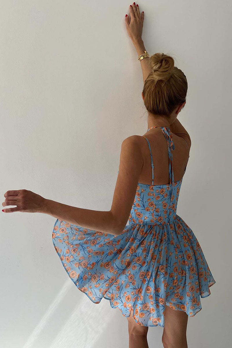 Sweetheart Neck Floral Print A-Line Mini Dresses-Blue Pre Order