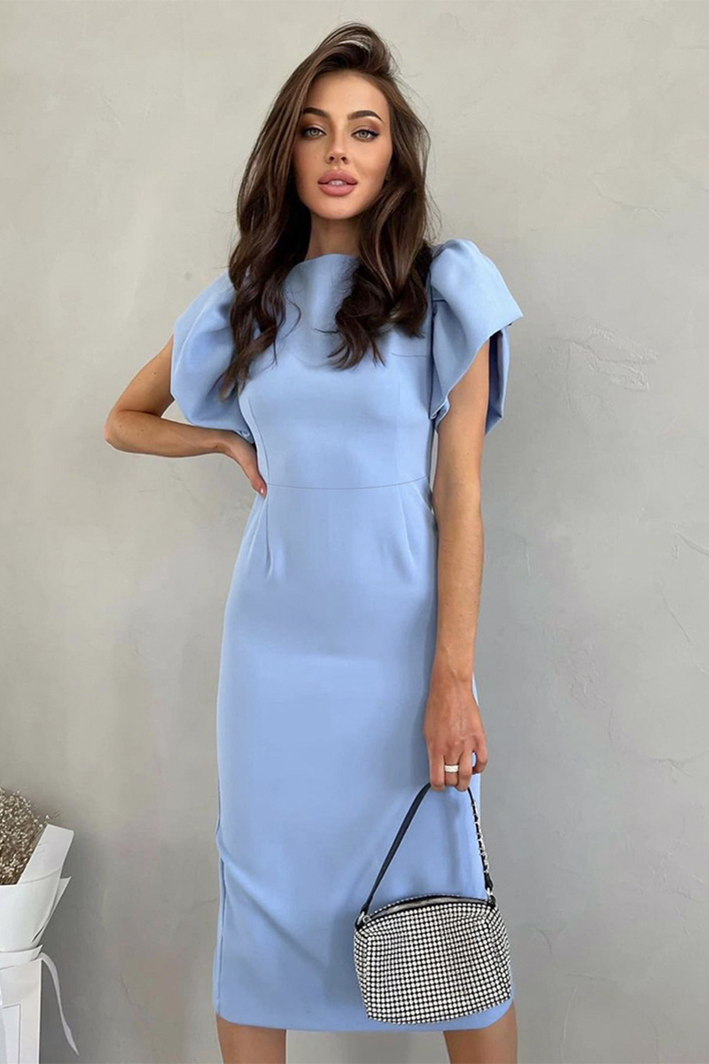 Ruffled Short Sleeve Cinch Waist Back Slit Hem Midi Dresses-Blue