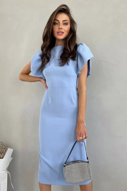 Ruffled Short Sleeve Cinch Waist Back Slit Hem Midi Dresses-Blue