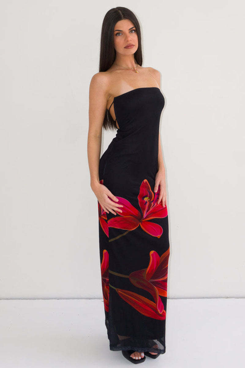 Floral Print Slim-Fit Formal Party Maxi Tube Dresses-Black