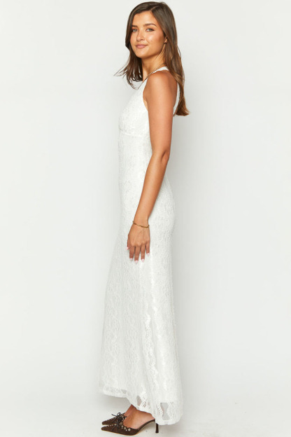 V Neck Open Back Slim Fit Lace Elegant Maxi Dresses-White Pre Order