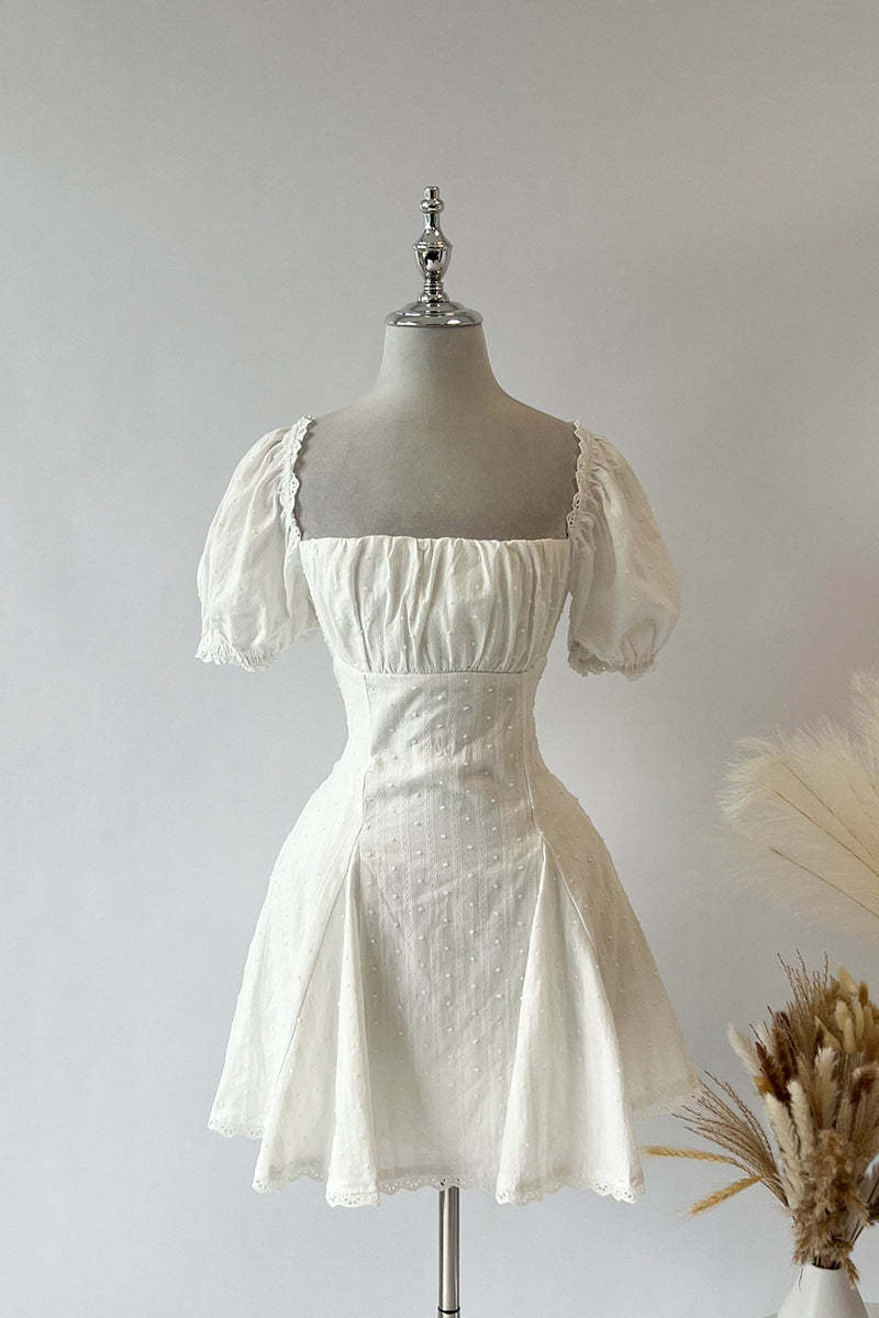 Square Neck Puff Sleeve Striped Godets Mini Dresses-White