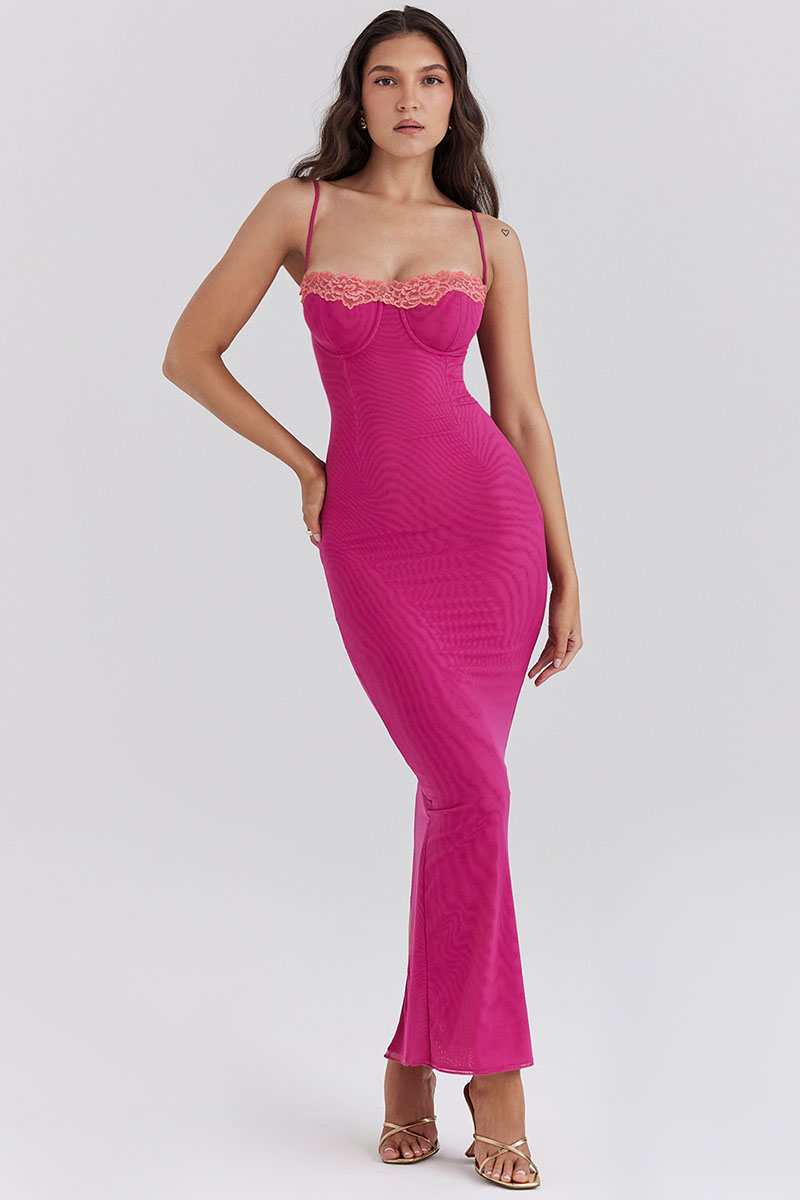 Mesh Patchwork Spaghetti Strap Slit Bodycon Maxi Dresses-Fuchsia Pre Order