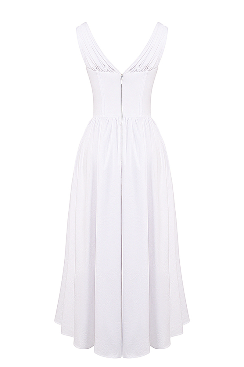 Deep V Neck Cinch Waist Solid Color Midi Tank Dresses-White