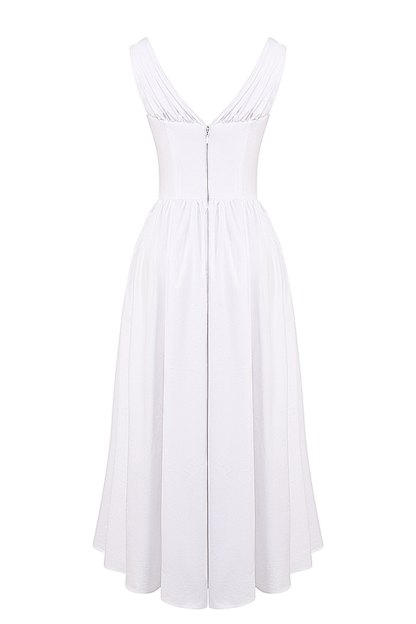 Deep V Neck Cinch Waist Solid Color Midi Tank Dresses-White