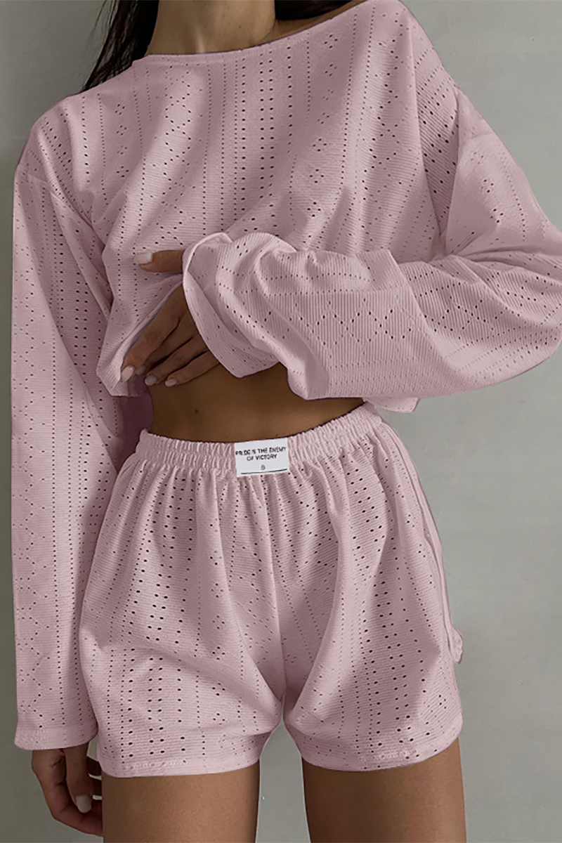 Solid Color Hollow Out Long Sleeve Crop Top Casual Shorts Matching Set-White