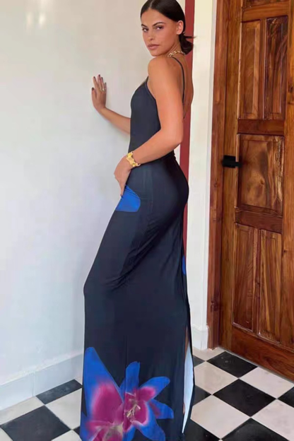 Spaghetti Strap Slim Fit Floral Print Slip Maxi Dresses-Black