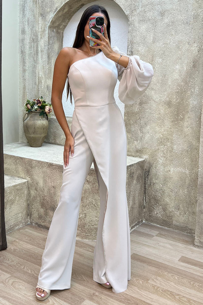 One Shoulder Single Lantern Sleeve Irregular Trim Flared Leg Jumpsuit-Black