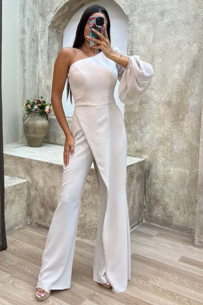 One Shoulder Single Lantern Sleeve Irregular Trim Flared Leg Jumpsuit-Black