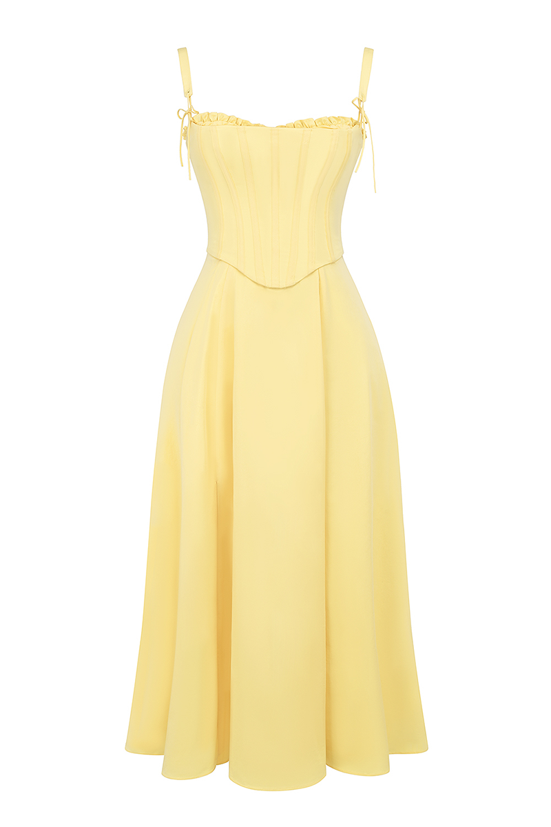 Spaghetti Strap Corset A-Line Slit Hem Midi Dresses-Yellow