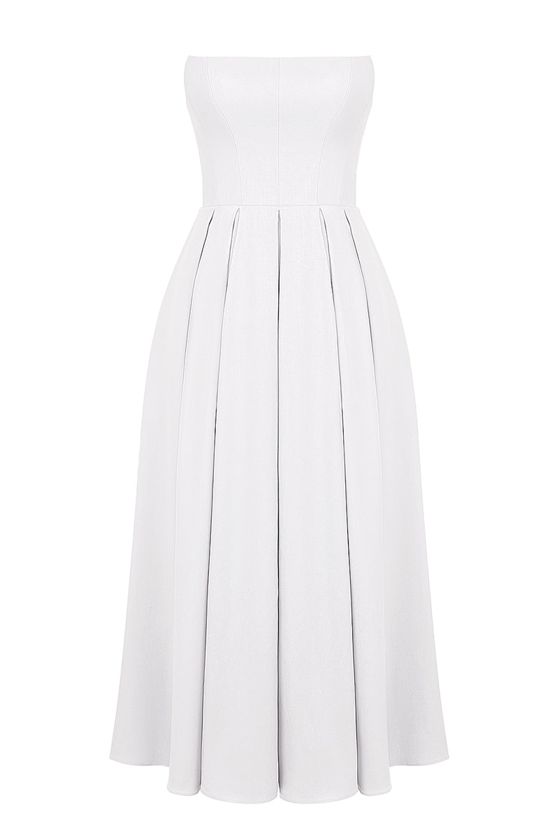 Elegant Strapless Corset Back Zipper Pleated Midi Dresses-White