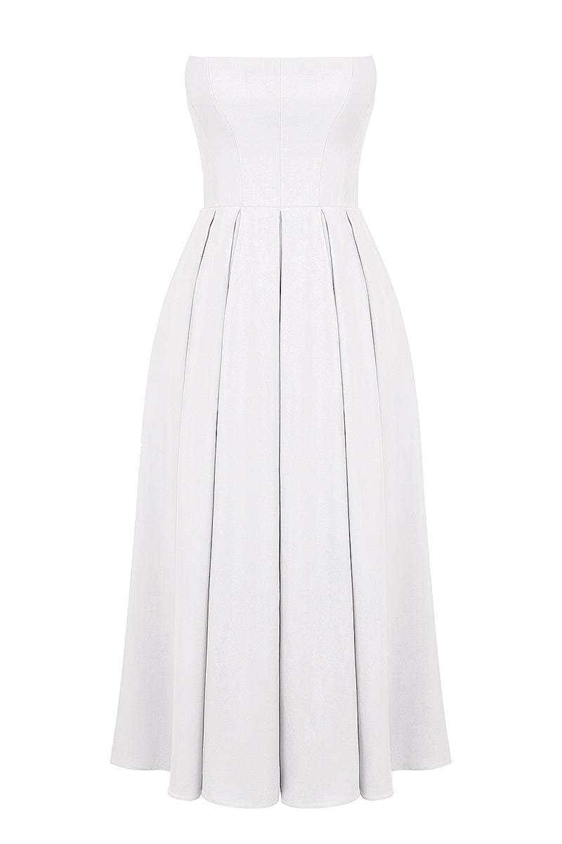 Elegant Strapless Corset Back Zipper Pleated Midi Dresses-White