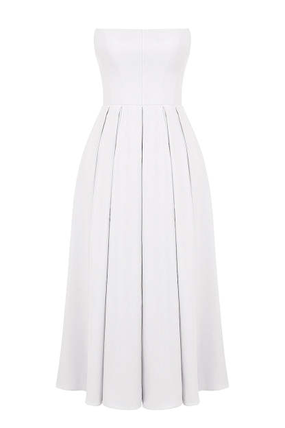 Elegant Strapless Corset Back Zipper Pleated Midi Dresses-White