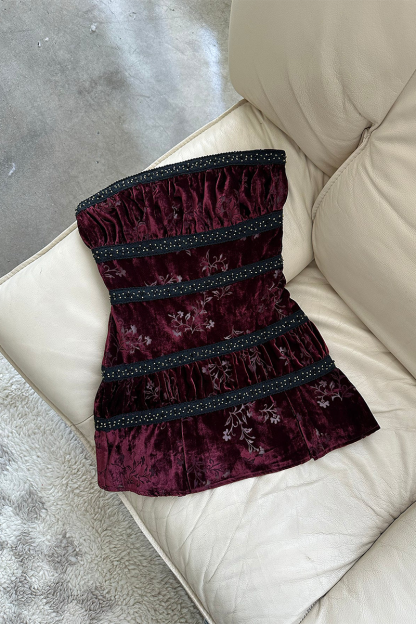 Floral Pattern Boat Neck Slim Fit Velvet Mini Tube Dresses-Burgundy