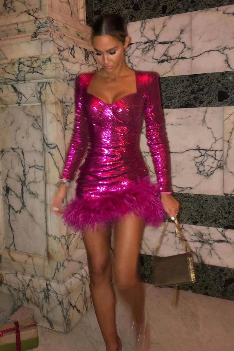 Feather Sequin Long Sleeve Ruched Cocktail Party Mini Dresses