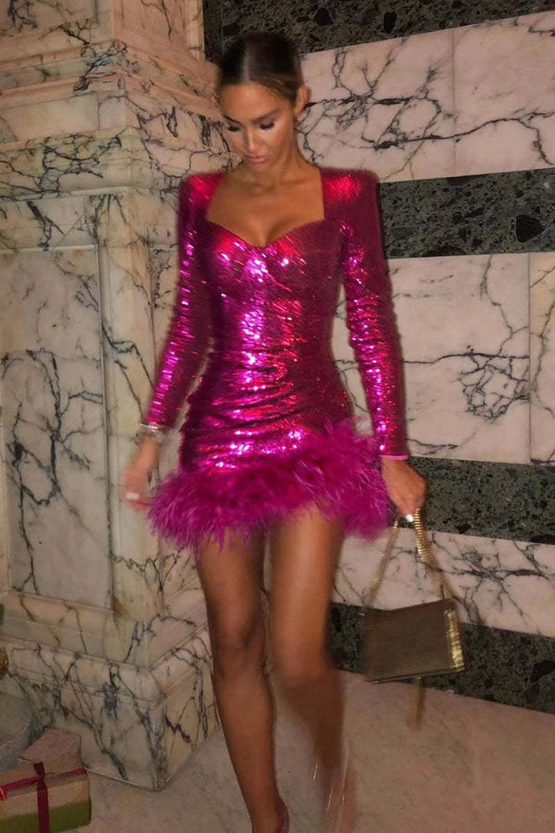 Feather Sequin Long Sleeve Ruched Cocktail Party Mini Dresses
