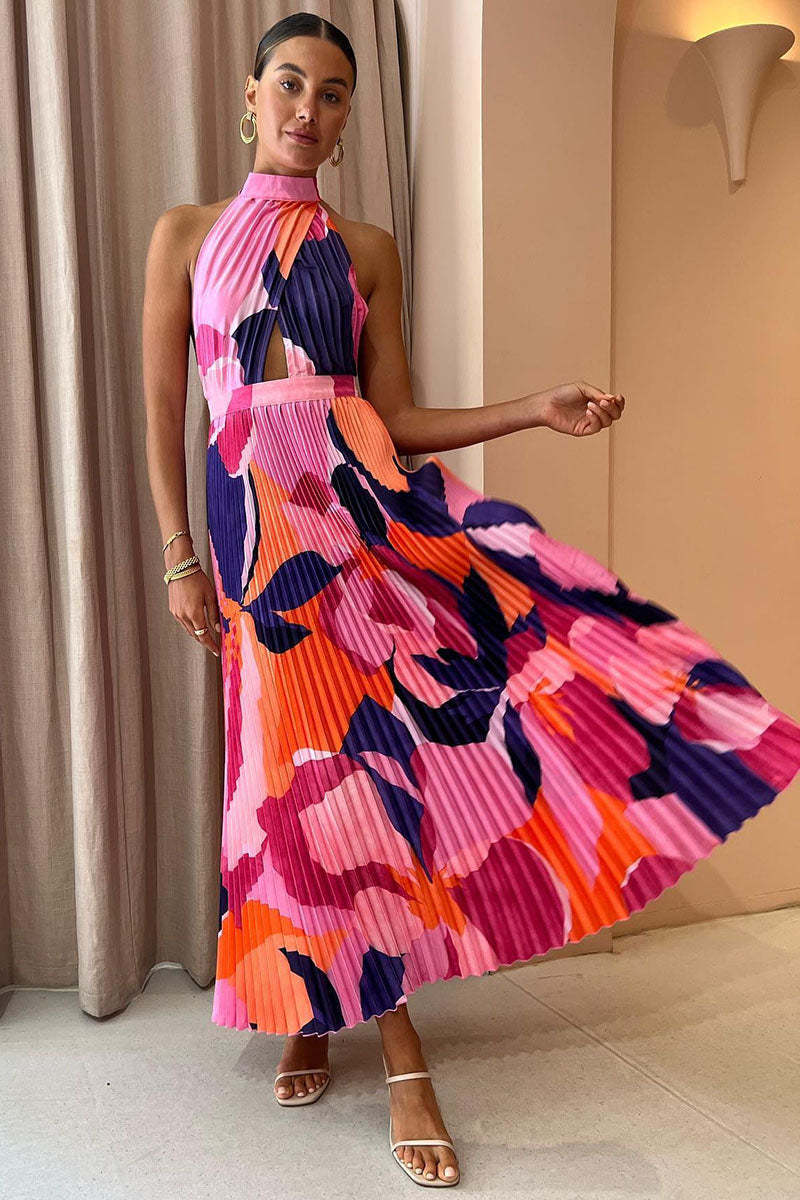 Halter Backless Floral Print Pleated Sleeveless Maxi Dresses
