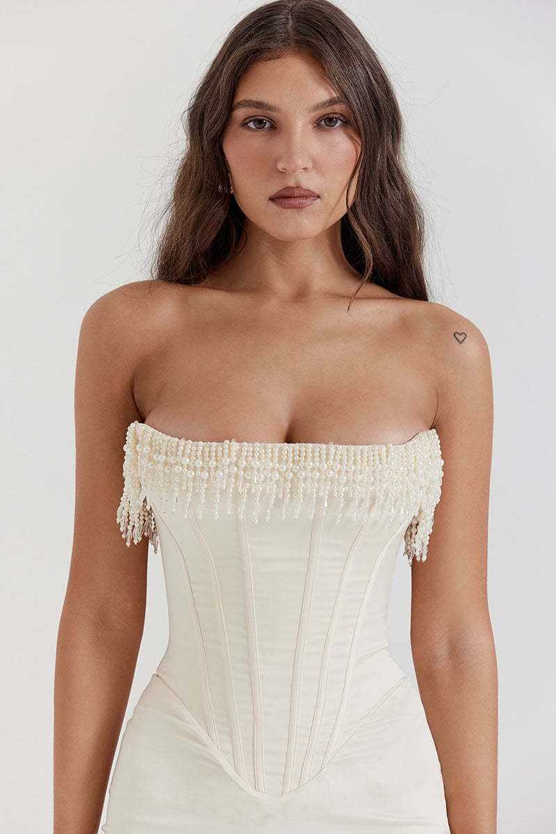 Beads Pearls Fringed Trim Strapless Corset Bodycon Midi Dresses-White