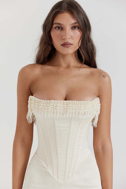 Beads Pearls Fringed Trim Strapless Corset Bodycon Midi Dresses-White