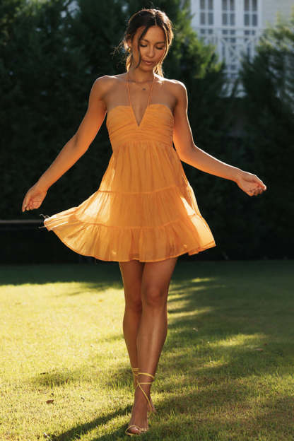 Halter Tied Up Irregular Neck Ruched Tiered Pleated A-line Flowy Mini Dresses