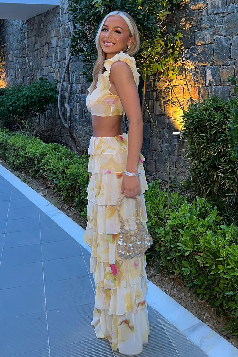 Ruffled Straps Crop Top Slit Tiered Maxi Skirt Matching Set-Beige Pre Order