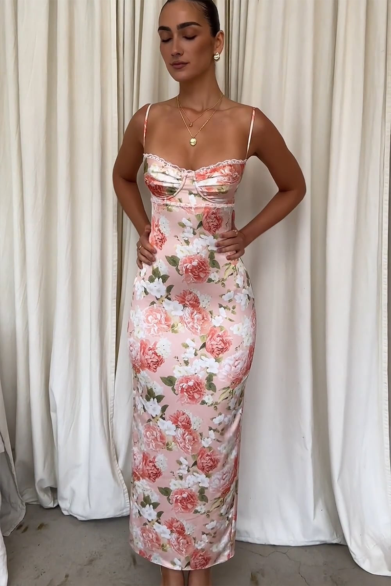 Floral Print Lace Trim Spaghetti Strap Back Slit Hem Slim Fit Maxi Dresses-Pink