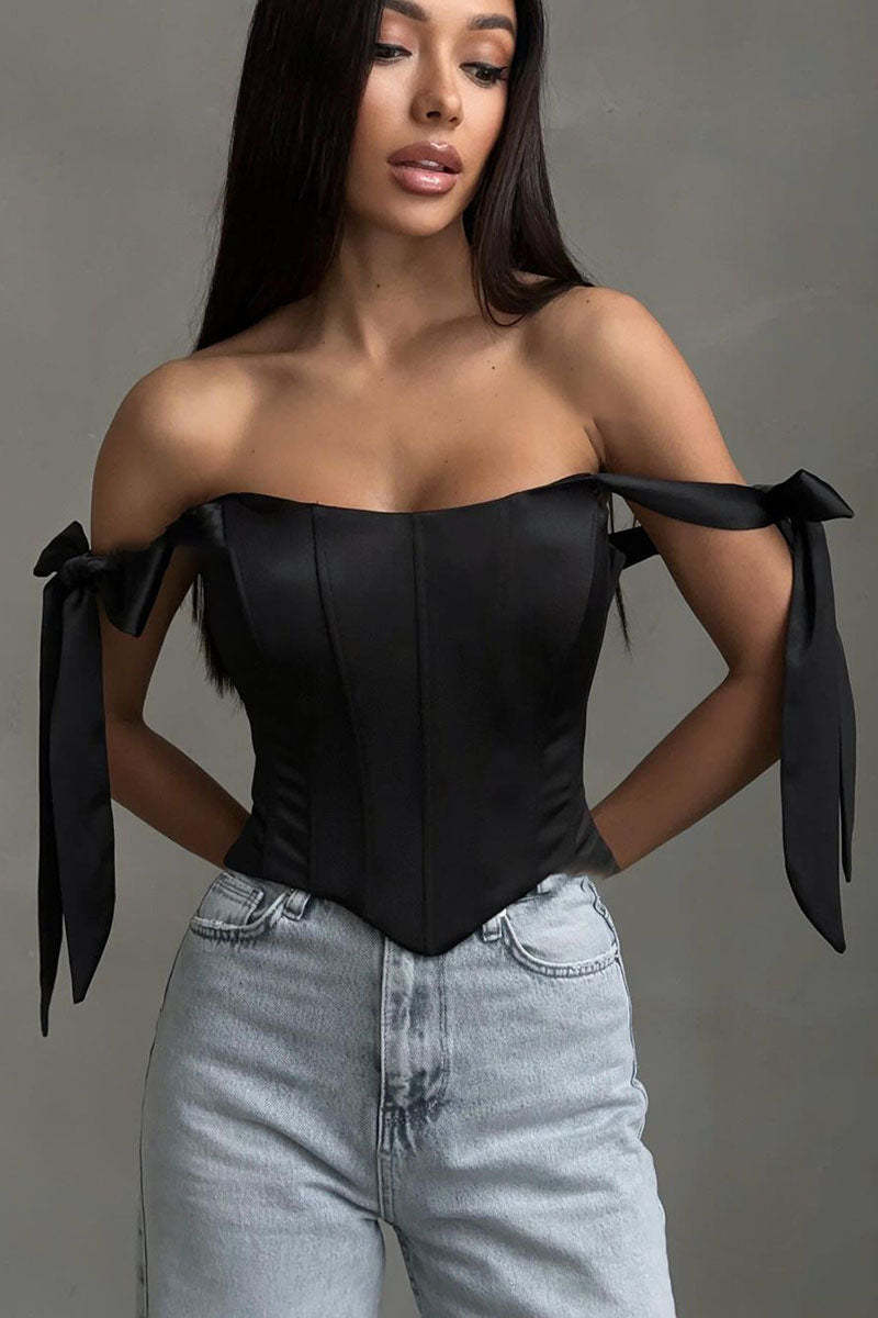 Off Shoulder Ribbon Decor Asymmetric Hem Party Plain Corset Top-Blue