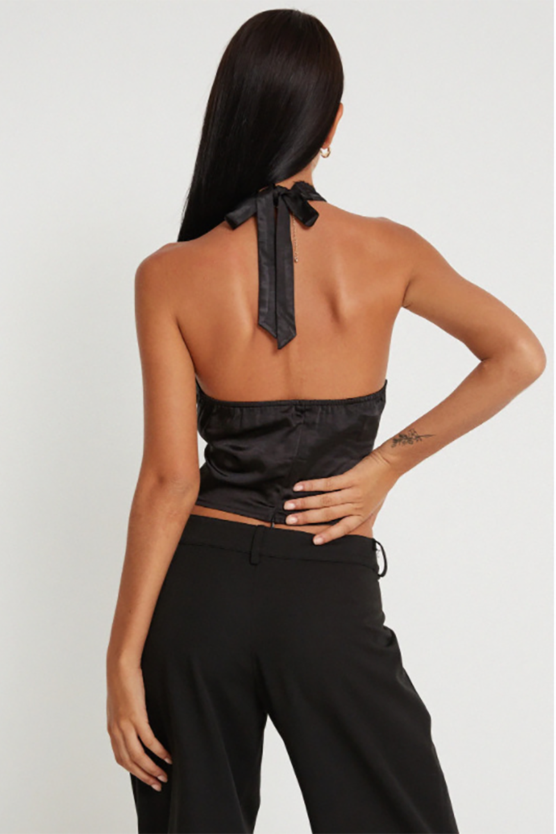Lace Trim Deep V Neck Halter Neck Backless Front Tie Up Crop Top-Black