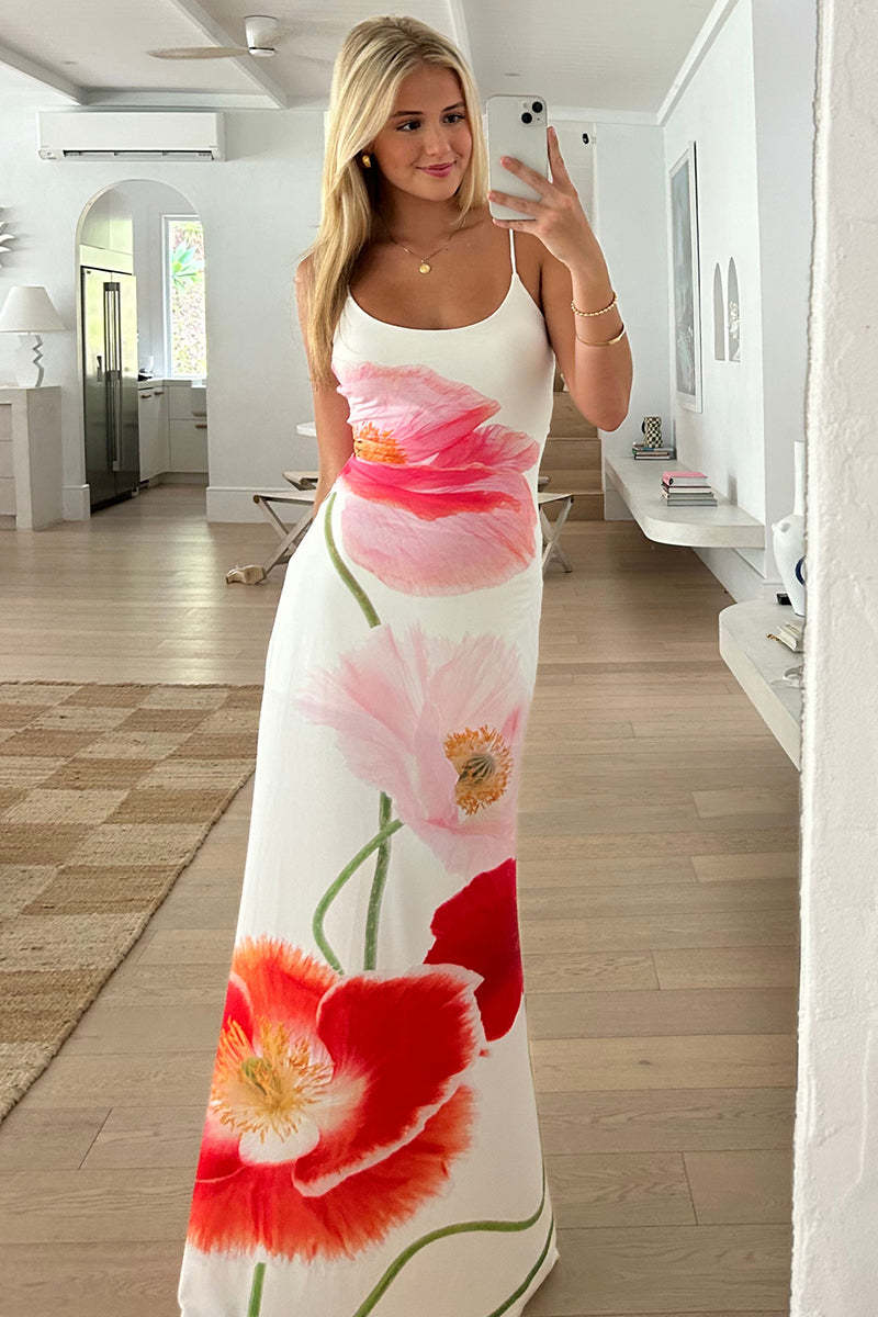 Floral Print U Neck Backless Vacation Slip Maxi Dresses-White