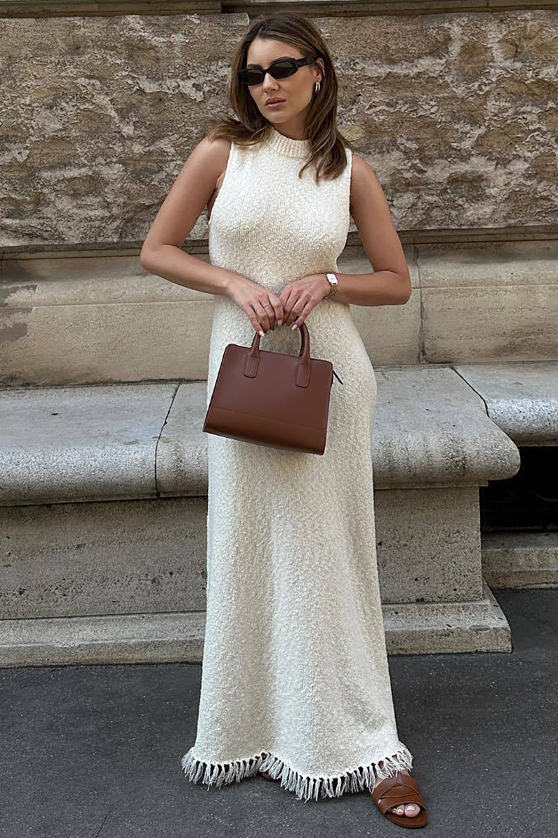 Knit Round Neck Slim Fit Fishtail Fringed Hemline Maxi Tank Dresses-White