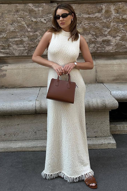 Knit Round Neck Slim Fit Fishtail Fringed Hemline Maxi Tank Dresses-White