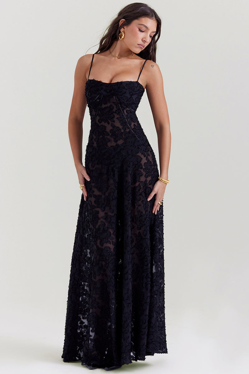 Floral Jacquard Lace Gothic Party Flowy Slip Maxi Dresses-Black
