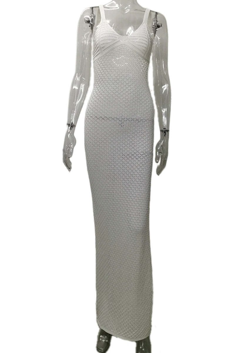 Crochet Irregular Neck Cami Hollow Out High Slit White Cover Up Maxi Dresses