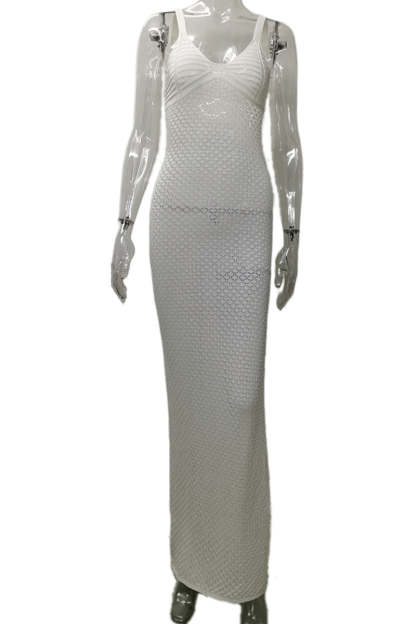 Crochet Irregular Neck Cami Hollow Out High Slit White Cover Up Maxi Dresses