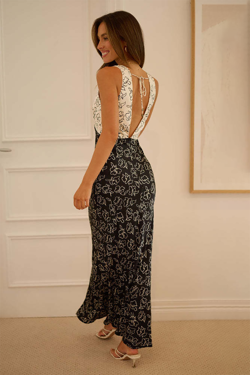Colorblock Floral Print V Neck Tie Up Backless Maxi Tank Dresses-Black