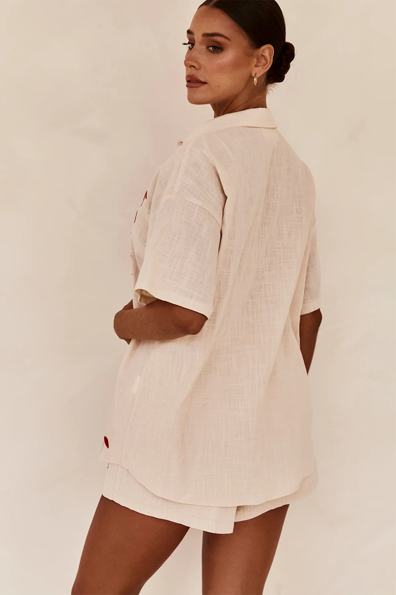 Floral Embroidery Short Sleeve Blouse Elastic Waist Shorts Matching Set-Blue