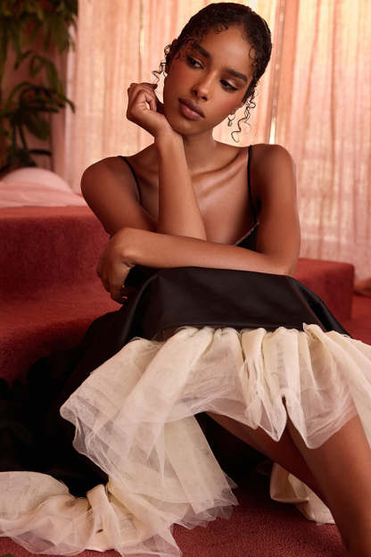 Elegant Cinch Waist Party Bridesmaid Tulle Layered Midi Slip Dresses-Pink