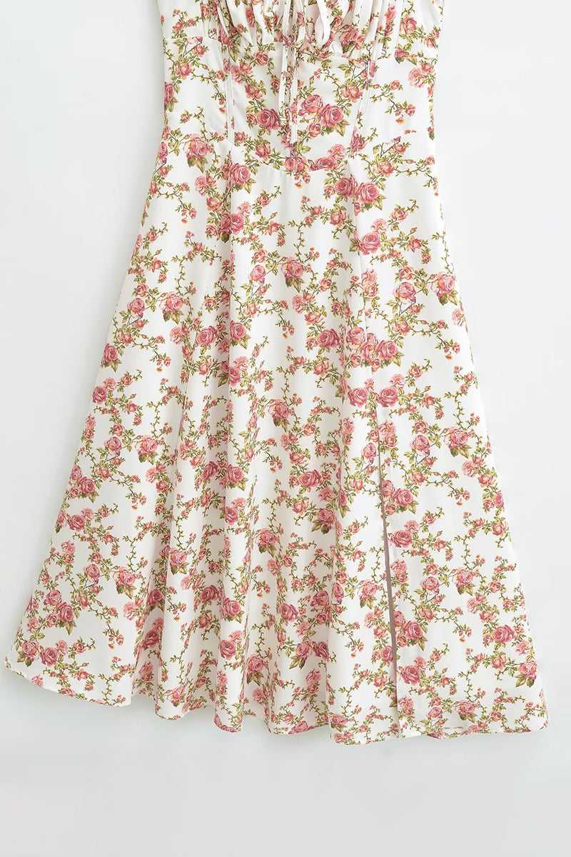 Tied Up Lace Up Floral Print Slit A-Line Vacation Slip Midi Dress