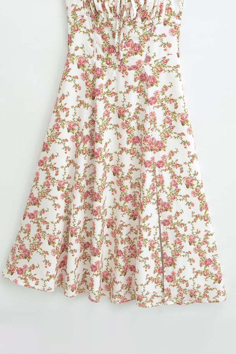 Tied Up Lace Up Floral Print Slit A-Line Vacation Slip Midi Dress