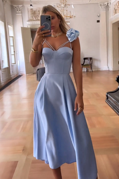 3D Flower Decor Corset A-Line Cutout Gowns Midi Slip Dresses-Blue