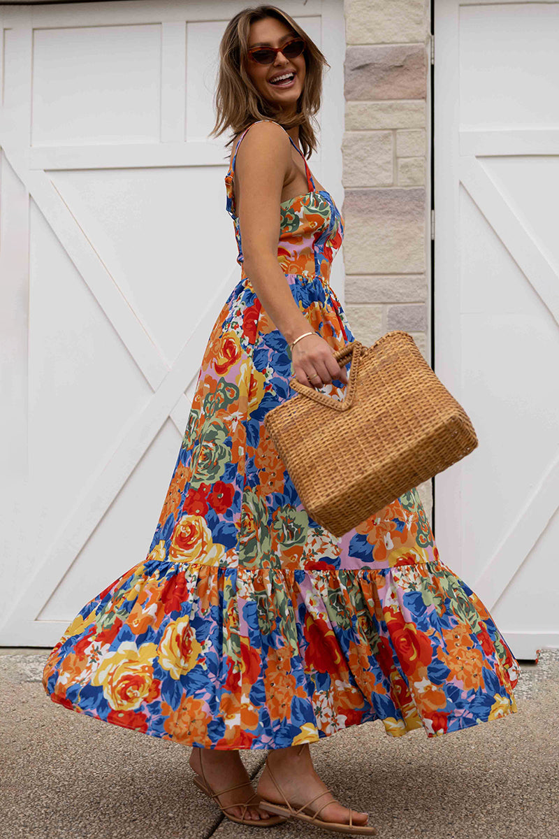 Square Neck Sleeveless Floral Print Pleated Vacation Maxi Dresses